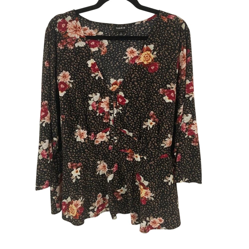 Torrid sheer floral print animal print 3/4 sleeve maximalist top peplum size 3X